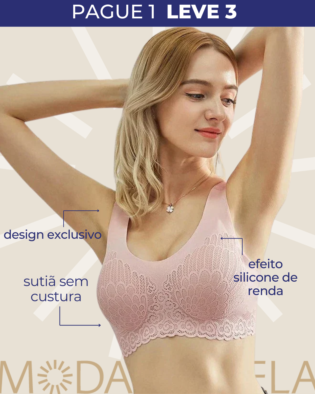 Sutiã Sem Costura Efeito Silicone de Renda  - Kit 3 Peças